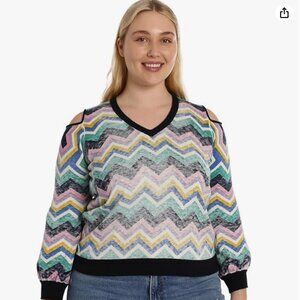 Minnie Rose Long Sleeve Cold Shoulder Cotton Cashmere Chevron Print Sweater